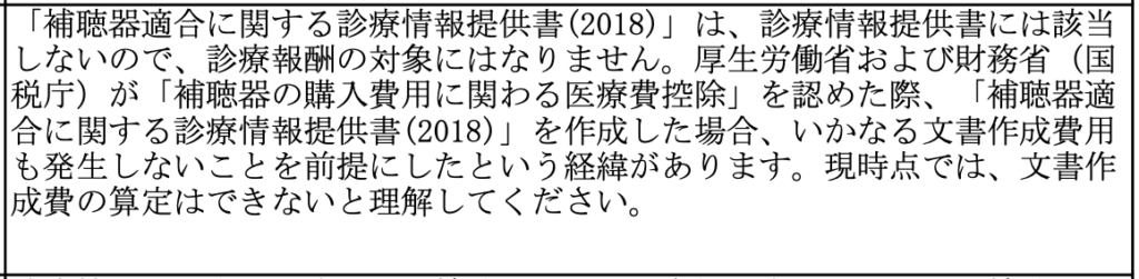 「補聴器適合に関する診療情報提供書(2018)」は、診療情報提供書には該当 しないので、診療報酬の対象にはなりません。厚生労働省および財務省(国 税庁)が「補聴器の購入費用に関わる医療費控除」を認めた際、「補聴器適 合に関する診療情報提供書(2018)」を作成した場合、いかなる文書作成費用 も発生しないことを前提にしたという経緯があります。現時点では、文書作 成費の算定はできないと理解してください。